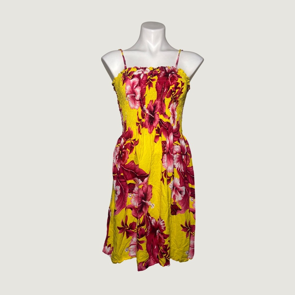 Y2K Hibiscus Collection Hawaii Yellow Pink Floral Smocked Rayon Sun Dress OS #15